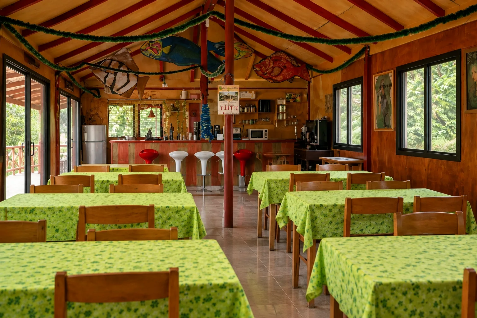 Comedor y espacio común del Hostel Kona Noho, Rapa Nui